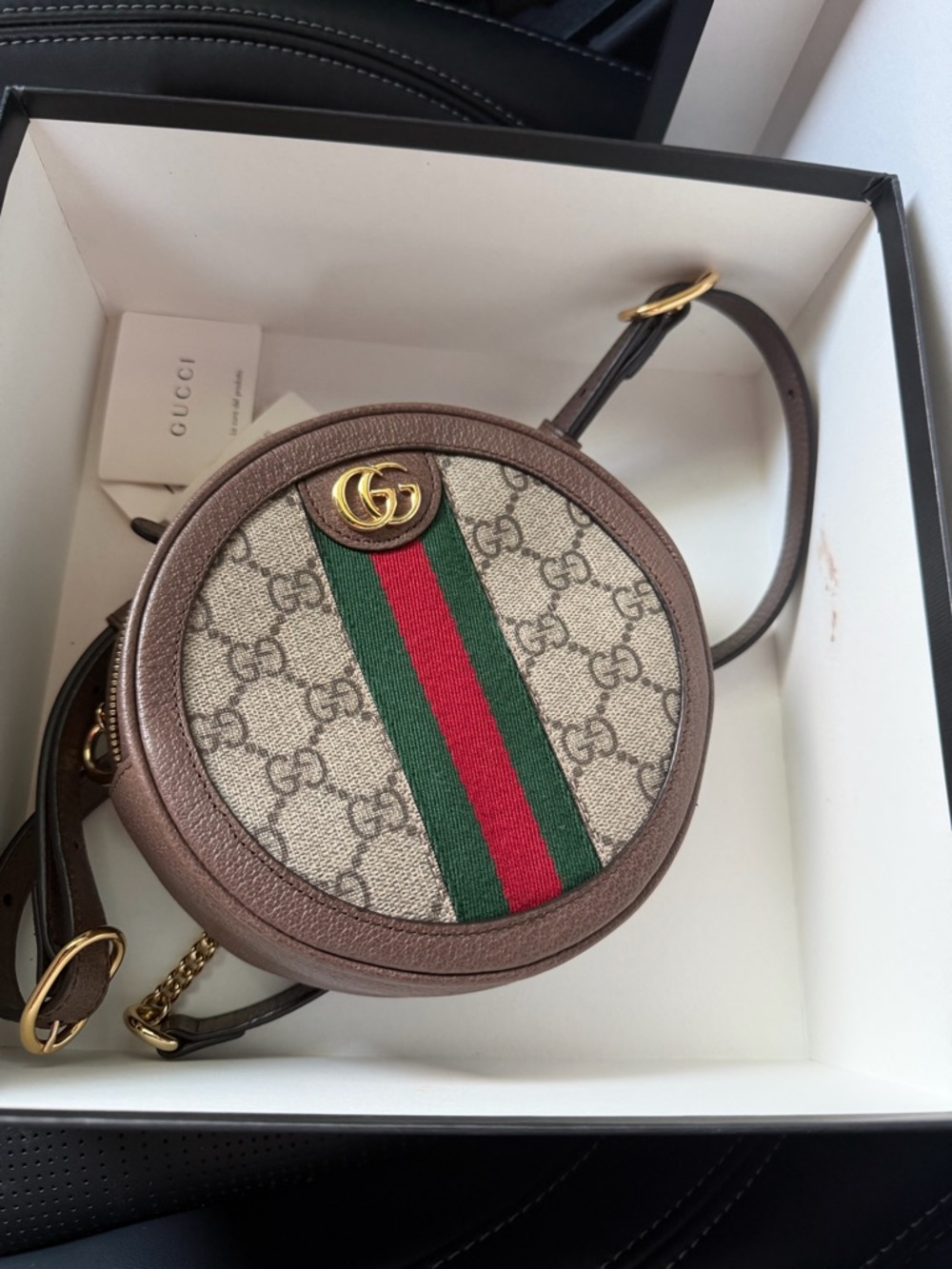 Gucci Beige GG Canvas Round Crossbody with Green and Red Web